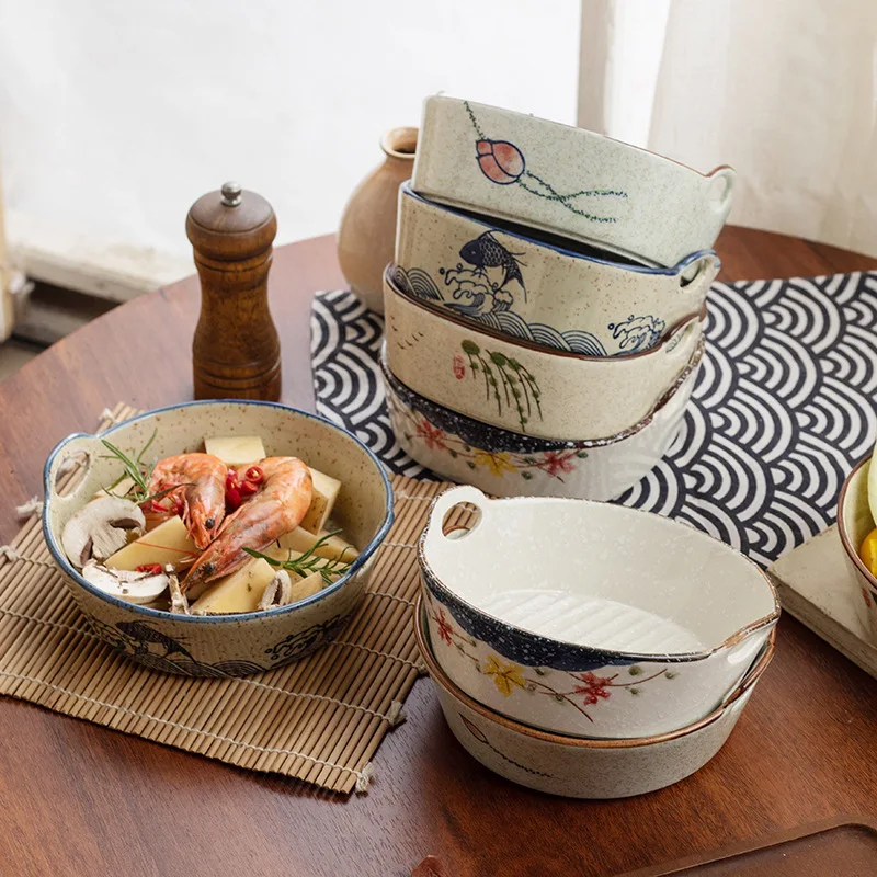 Vintage 7Inches Home Ceramic Salad Bowls Underglaze Round/Square Deep Bowls With Handle Kitchen Dutable Oven Bakeware Dinnerware