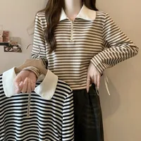 Women's Autumn Polo Shirt 2026 Striped Long Sleeve Drawstring Teddy Bear Collar Slimming T-Shirt - Image 2