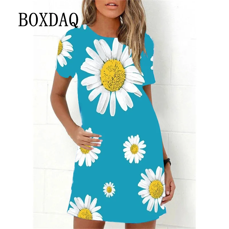 Ladies Spring Summer Dress Rainbow Flowers Print Dress Fashion Elegant Short Sleeve O-Neck Oversized Casual Party Wear Sundress