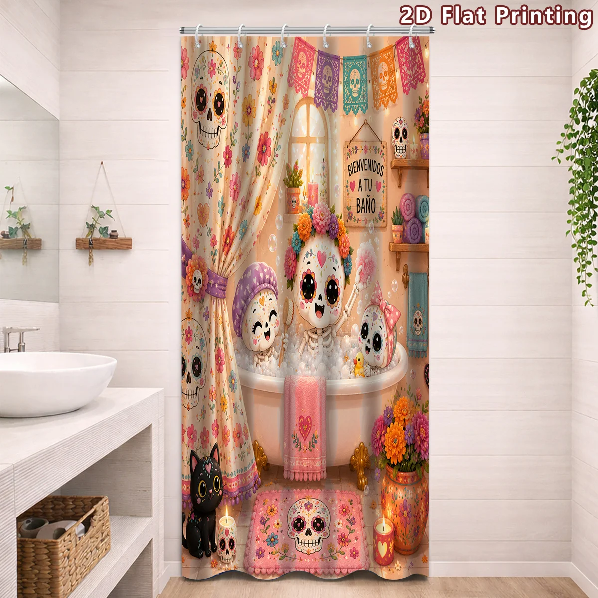 Mexican Sugar Skull Family Shower Curtain, Funny Skeleton Bathing with Flowers Art,Waterproof Fabric Curtain Bathroom Decoration
