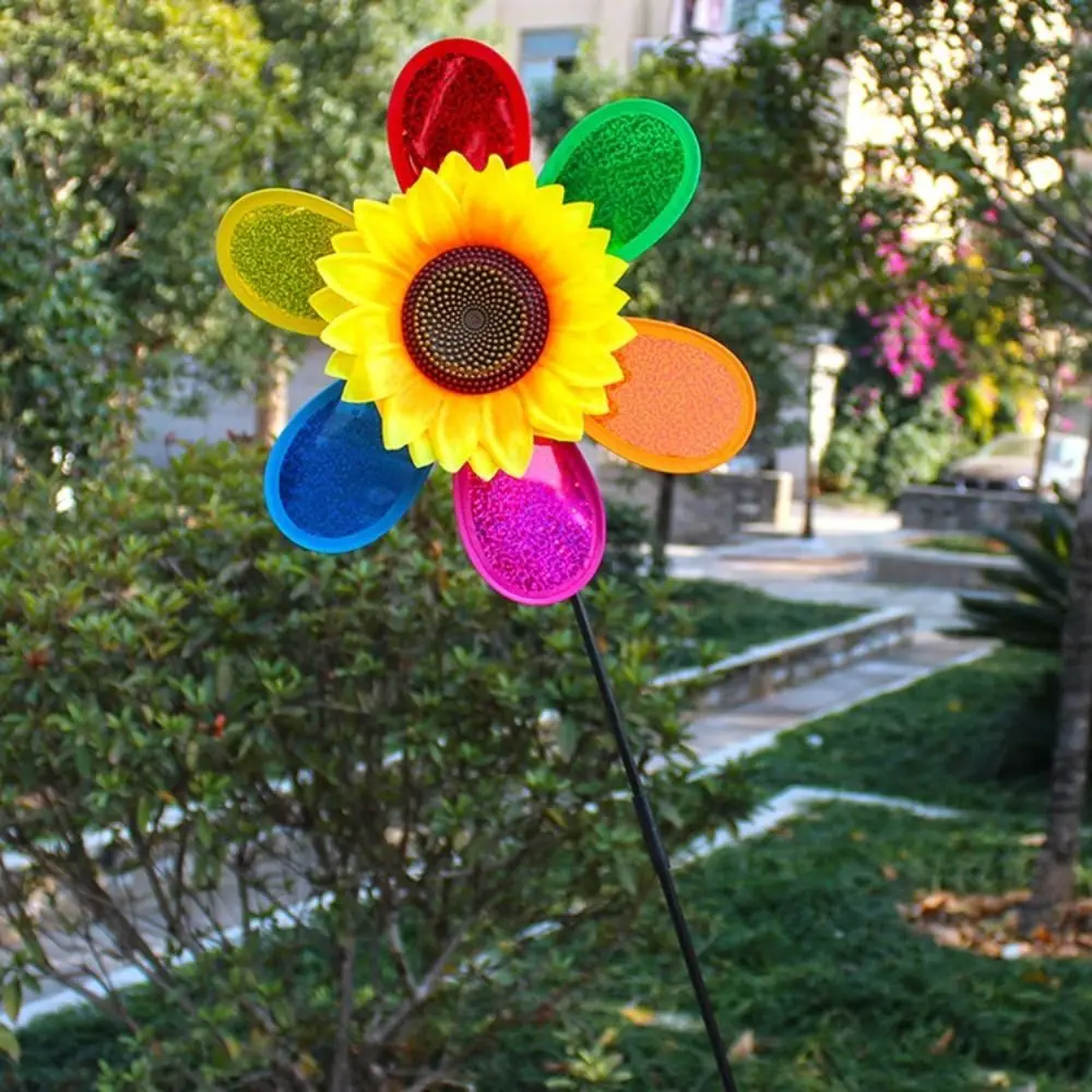 Moulin à vent tournesol à paillettes, fleur en plastique, beau moulin à vent portatif, décoration de jardin, cour, tente extérieure, balcon