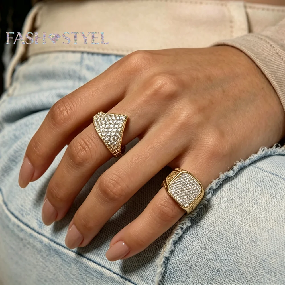 Square Micro Pave CZ Ring For Women Wide Band Geometric Finger Ring Hip Hop Punk Party Fashion Jewelry Gift