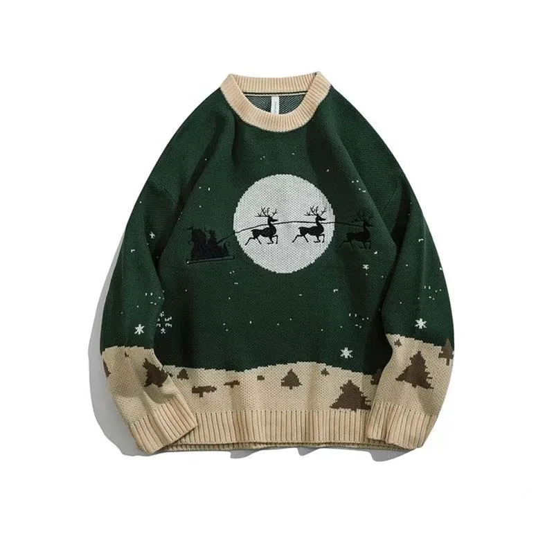 Japanese Casual Style Autumn And Winter New Christmas Theme Crewneck Sweater Men\'s Fashion Brand Loose Lazy Pullover Knit Top