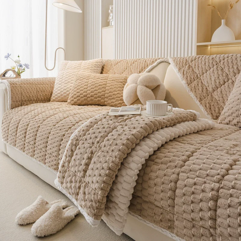 Honeycomb Velvet Sofa Cushion Autumn and Winter New Straight One-piece Cushion Winter Thickened Plush Sofa Cover Cover Cloth