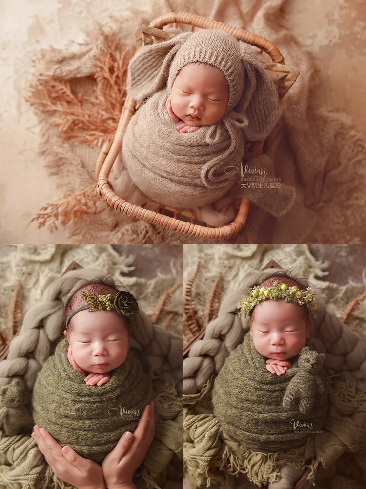 

Newborn Photography Props Kit Knitted Wrapping Bunny Hat/Bear Doll Knit Nightcap for Natural Style Baby Shoot Idea Studio Props