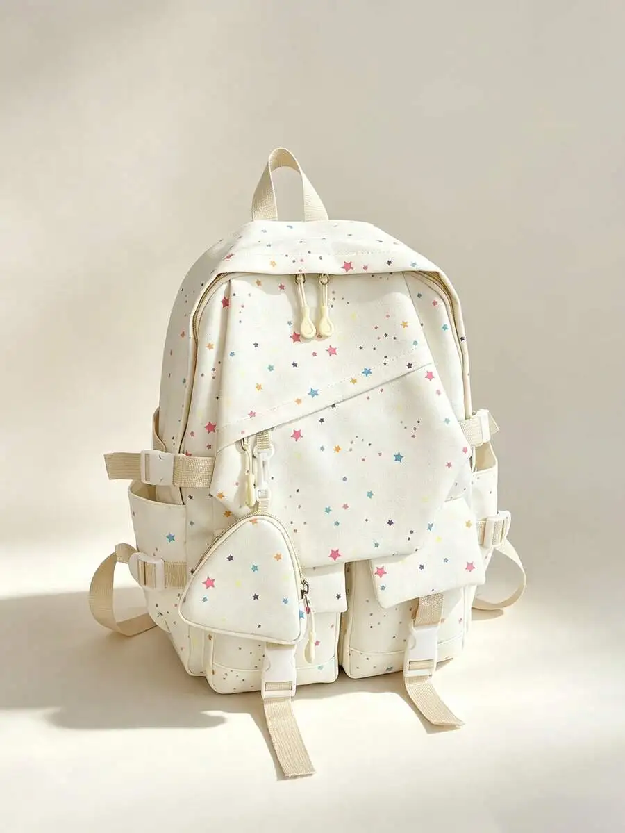 1pc White Nylon Casual Minimalist Style Colorful Star & Polka Dot All-Over Print Small Backpack With Multiple Pockets, Buckle Re