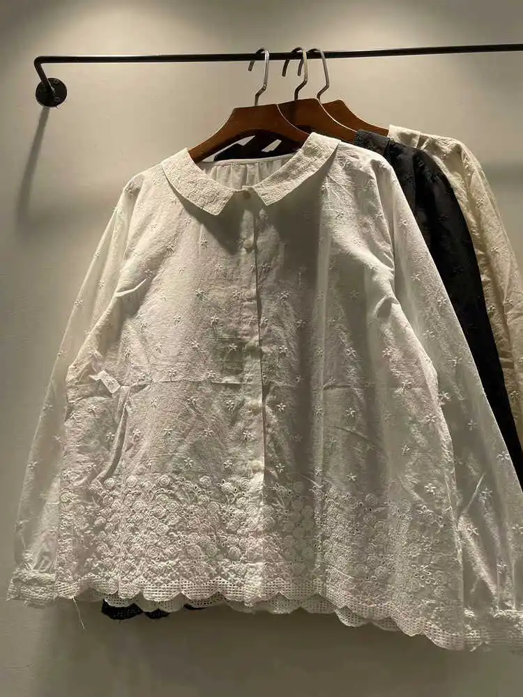 

Весенне-осенний женский свободный хлопковый длинный све айт с вышитым кукольным воротником на одной пуговице, повседневный топ из чистого хлопка