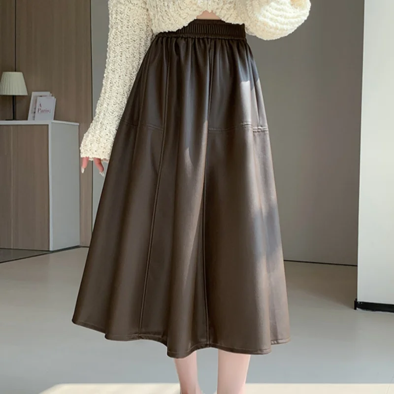 

Autumn Winter Black PU Leather High Waist Women's Umbrella Midi Skirts 2025 New Vintage Patchwork Loose A-line Skirts Female