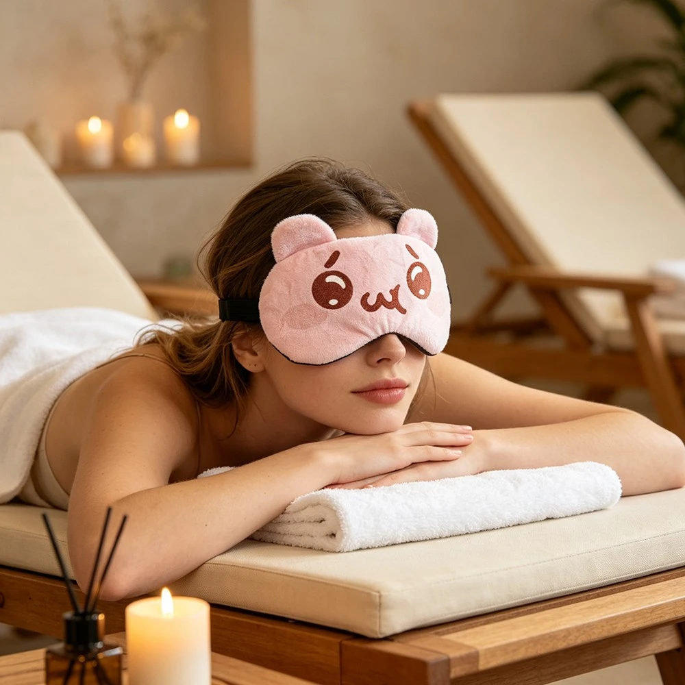 Pink Kitten Plush Sleep Eye Mask Cute Cartoon Ear Light Blocking Soft Breathable Adjustable Funny Nap Cover