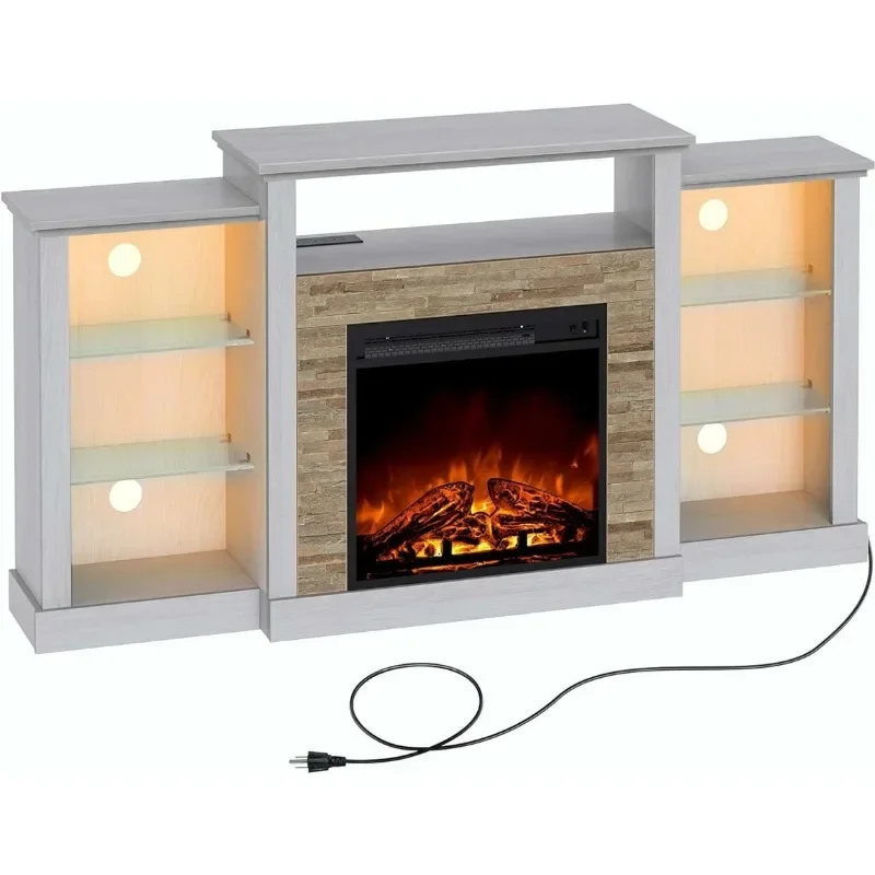 Rolanstar-Lareira TV Stand com luzes LED e Tomadas, Console para 32 ", 43", 50 ", 55", 65 ", Branco, Centro de entretenimento