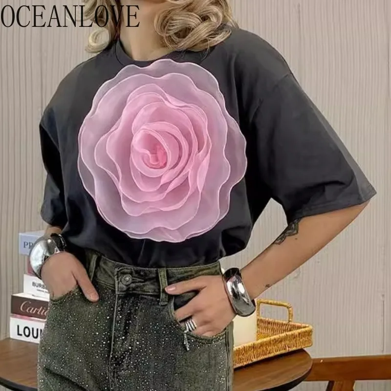 OCEANLOVE Mesh 3D Flowers T Shirt for Women Vintage Spring Summer Simple Ropa De Mujer Ins Fashion Elegant Loose Camisetas