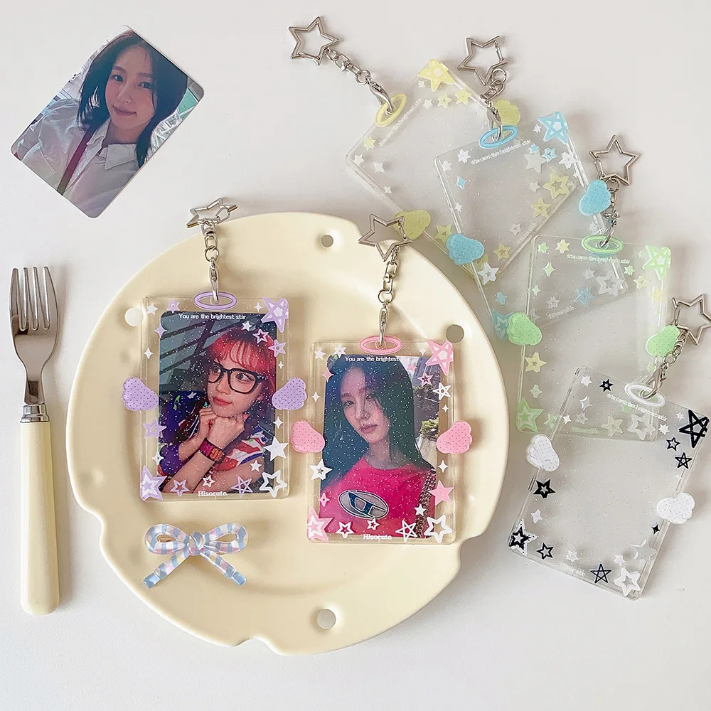 Korean Girls Wing & Star Pendant 3‑Inch Clear Photocard Holder Polaroid Display Hanging Card Pouch for Student