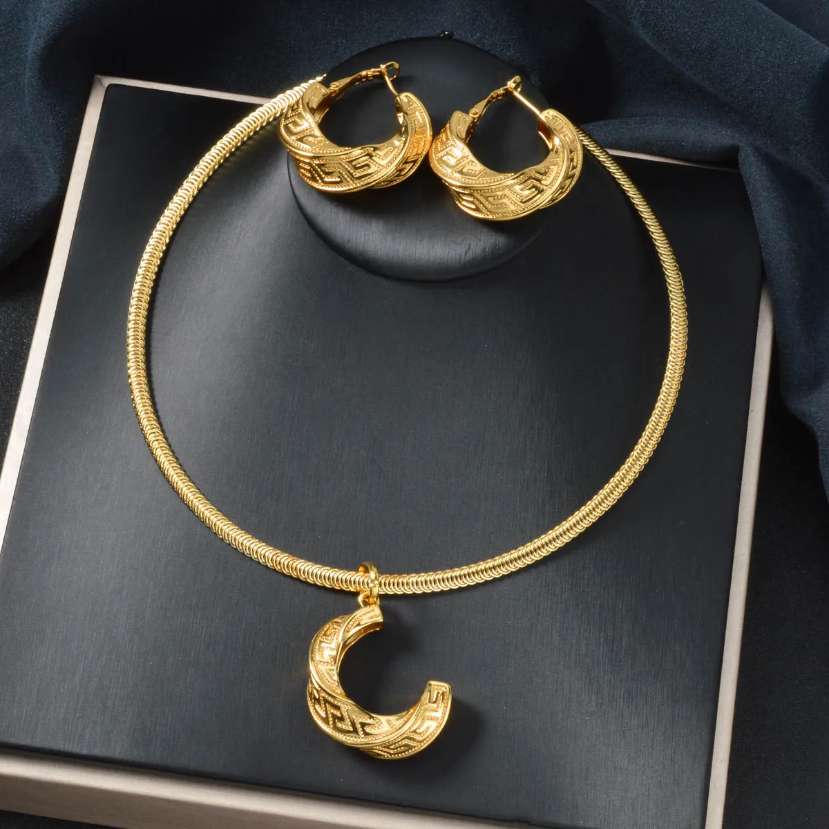 

Italian Greek Key Jewelry Sets Big Earrings Gold Color Necklace Pendant for Women Men Daily Wear Party Birthday Gift