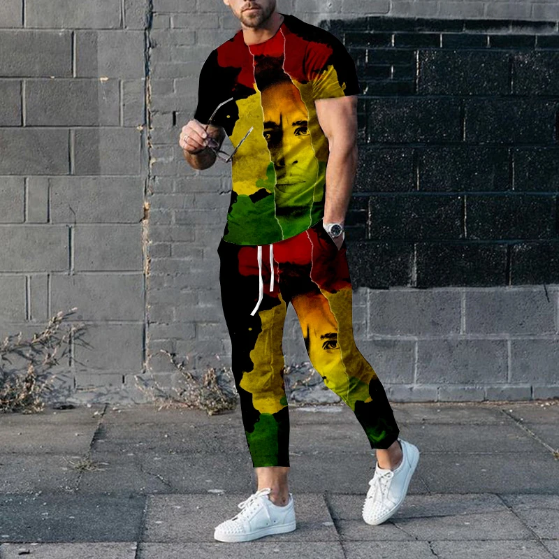 New Summer Men Clothing Bob Marley Reggae Music 3d Print Tracksuits Short Sleeve T Shirt Long Pants 2 Piece Sets Outfits Casual