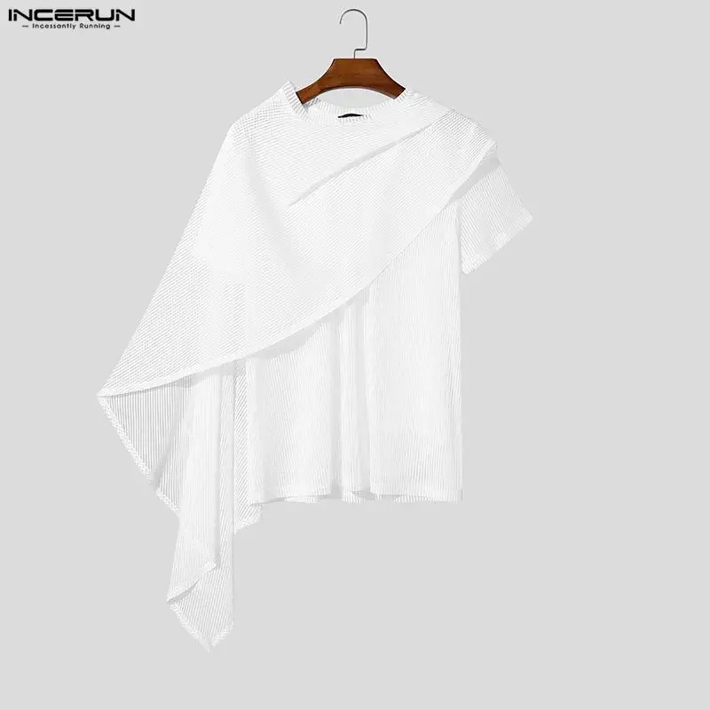 INCERUN Men Irregular T Shirts Striped Solid Mesh See Through Men Clothes Tops 2026 Shawl Streetwear Sexy T Shirt For Man S-5XL