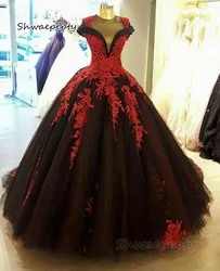 Black And Red Gothic Wedding Dress Sheer V-Neck Long A Line Tulle Bridal Gowns Lace Appliques Vintage Bride Wear Customized