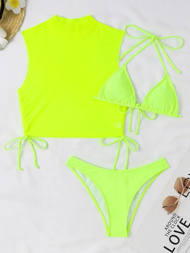 เซ็กซี่สีขาวสีดําลูกไม้ตาข่ายชุดบิกินี่สามชิ้นผู้หญิงชุดว่ายน้ําคอสูงชุดว่ายน้ําชุดว่ายน้ํา High Cut