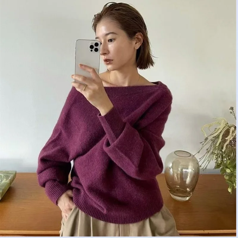 24 Autumn New Off Shoulder Cashmere Sweater Japanese Sexy Design Sweater