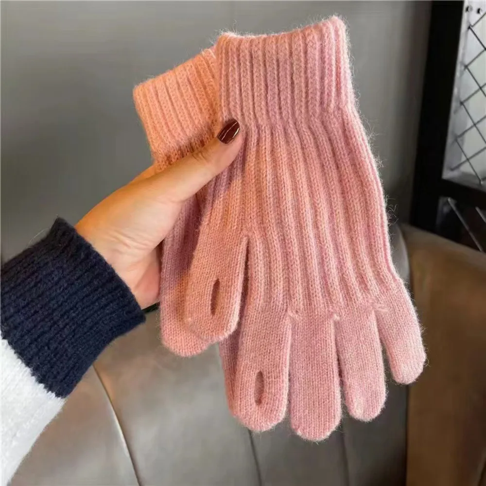 Winter Solid Color Women's Knitted Gloves Windproof Soft Full Finger Gloves Touch Screen Thick Warm Cycling Mittens
