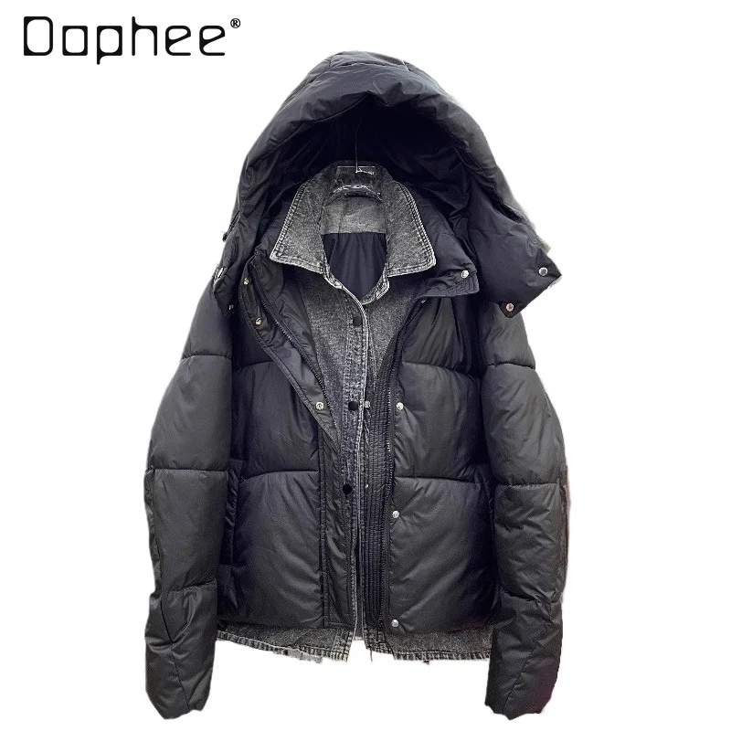

2025 Winter New Fashion Thickened Black Cotton Jacket Women's Short Hooded Coat Denim Patchwork Winter Jacket Women