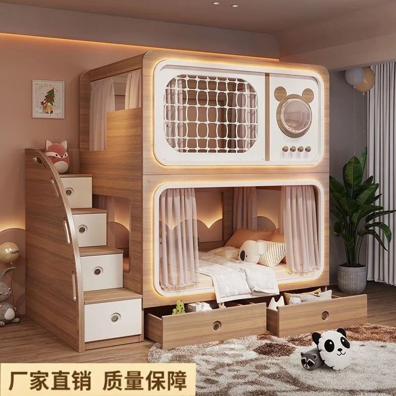 Log color children's tree house full-size bunk bed high and low upper and lower beds