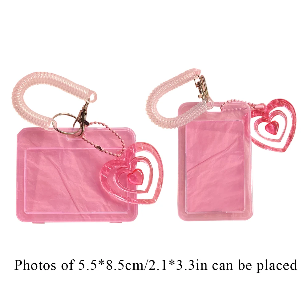 INS Pink Photocard Holder With Heart Pendant 3 Inch Idol Photo Card Holder Keychain Student Bus ID Credit Card Case Stationery