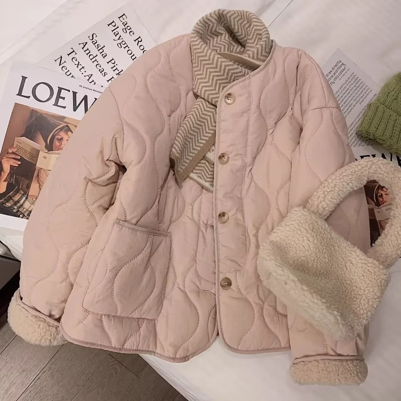Lamb Fur Lined Thickened Cotton Jacket Women's Spring Autumn Outerwear Warm Stylish Commute Style Loose Fit Single Button