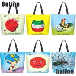 Loteria mexicano bingo impresso tote personalidade menina bolsa de ombro grande capacidade de armazenamento de viagem pacotes saco de compras feminino