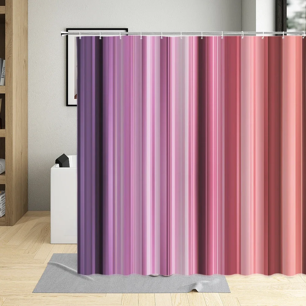Geometric Lines Shower Curtain Colorful Stripe Printing Waterproof Bathroom Decor Polyester Fabric Curtains with 12 Pcs Hooks