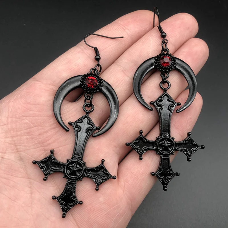 European and American Gothic Retro Blood Cross Moon Pendant Earrings Aesthetic Alt Goth egirl Accessories Jewelry