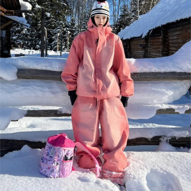 куртка женская демисезон Orange Red Gradient Ski Suit Female Autumn and Winter New Outdoor Windproof Snow Pants Two-Piece Set