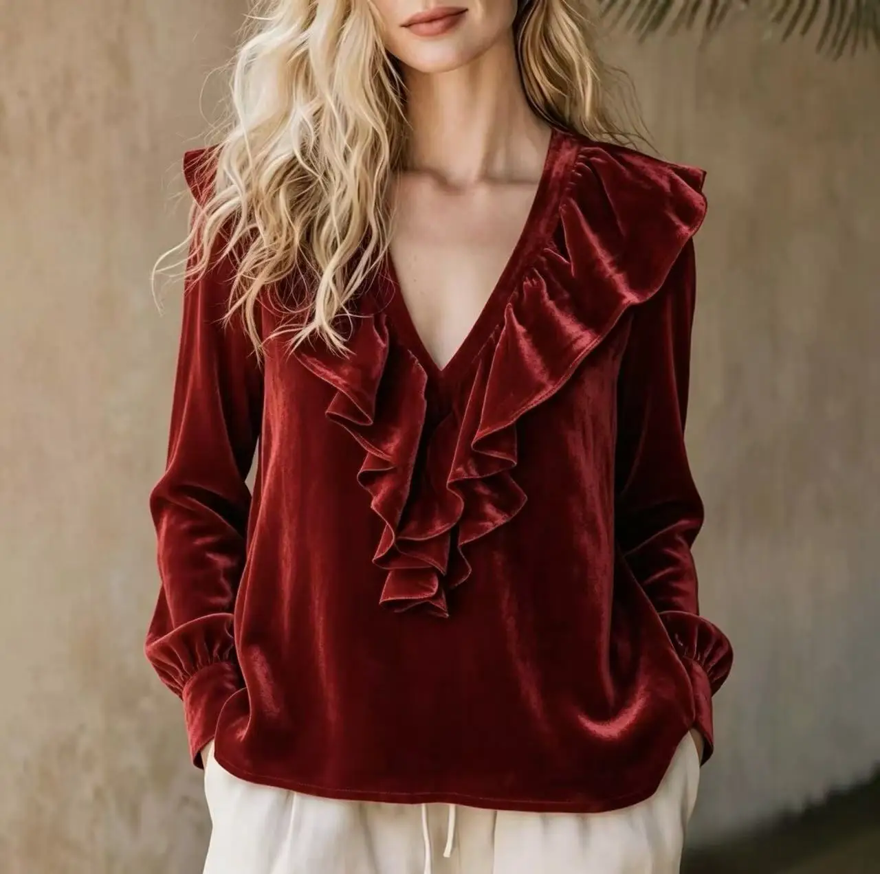

Women's Blouses Autumn New Velvet V-neck Ruffle Hem Elegant Top Casual Tops T Shirt Shirts Full Long Sleeve Ruffles Top Women
