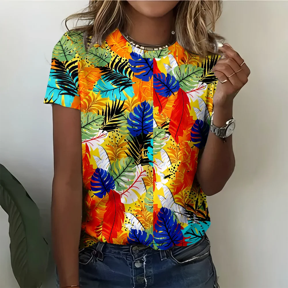 

Multi Colored Tropical Leaf Print Women's T-shirt Casual And Fashionable Summer Round Neck Short Sleeve