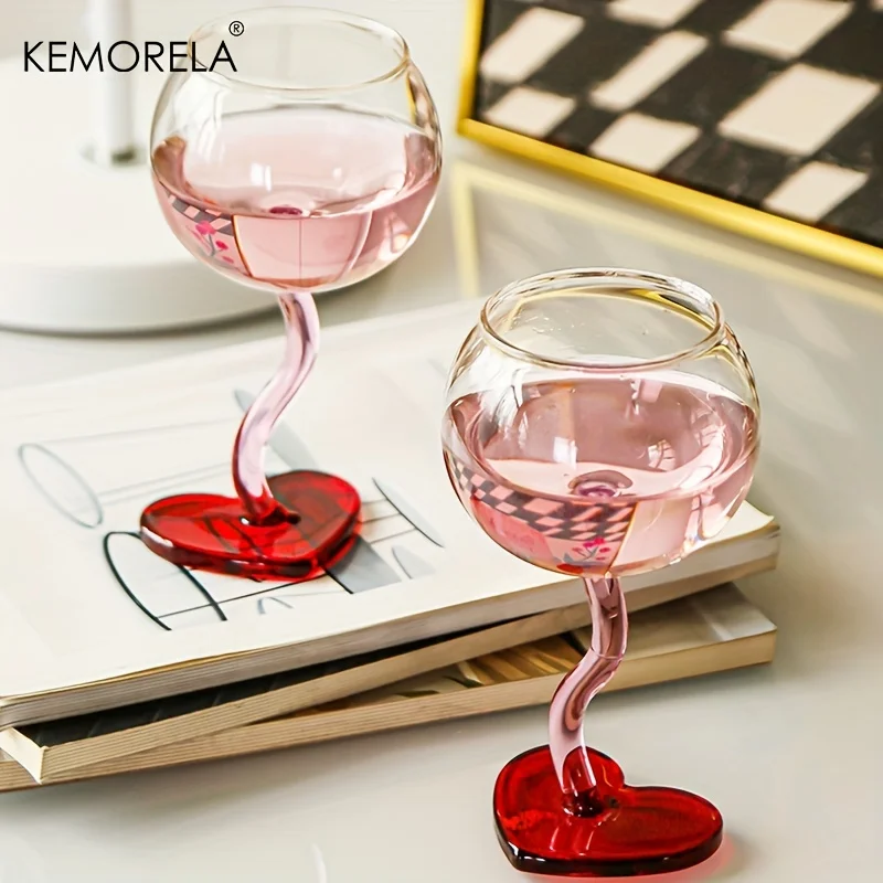 KEMORELA Red Heart Bottom Glass Goblet Mug Red Wine Glass Cup Borosilicate Heat-resista Glass Cocktail Glass Valentine's Day