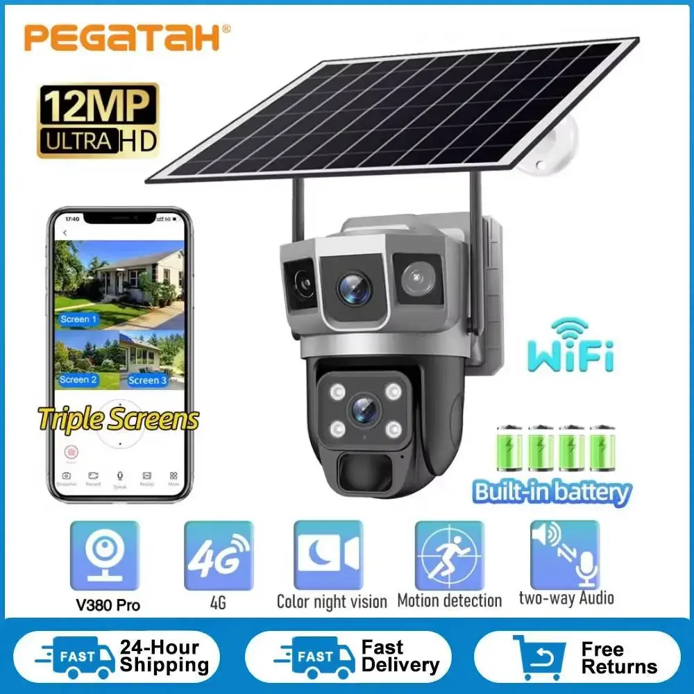 V380 pro 12MP Three Screen Solar WiFi Camera Smart Security Protection Outdoor Built-in battery Video Surveillance PTZ Camera