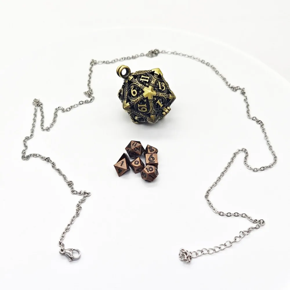 1 Set 20-sided Hollow Metal Dice Necklace DND TRPG Hollow Metal Dice Torque Mini Exquisite Polyhedral Dice Necklace Board Game