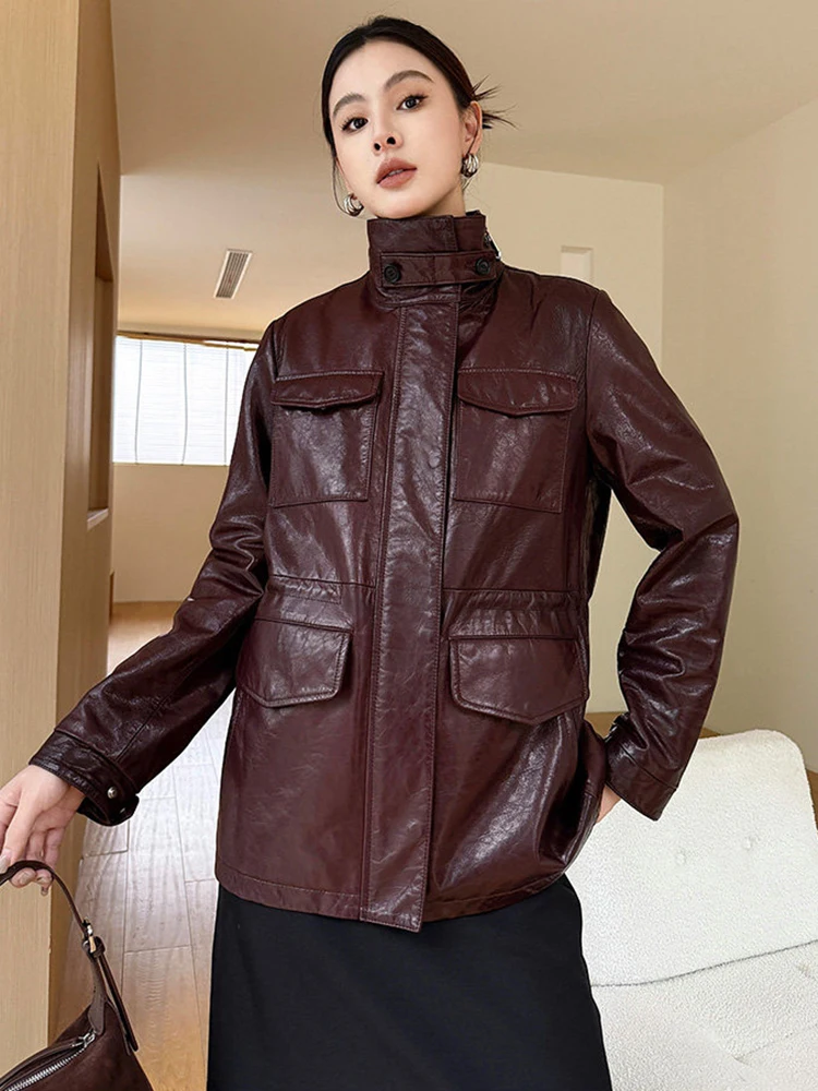 

Vintage Genuine Leather Windbreaker Jacket for Women Simple Stand Collar Slim Adjustable Waist Solid Oil Wax Real Sheepskin Coat