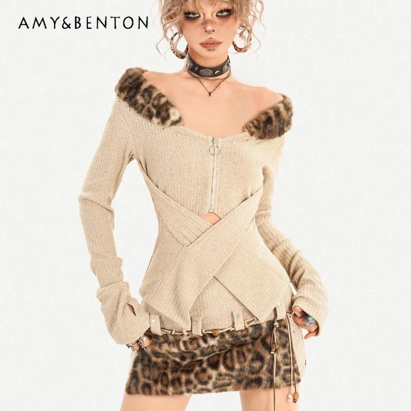 

American Retro Fur Collar Women's Knitted Sweater 2025 Autumn Winter New Off-Shoulder Cross Strap Hot Girl High-End Top Ladies