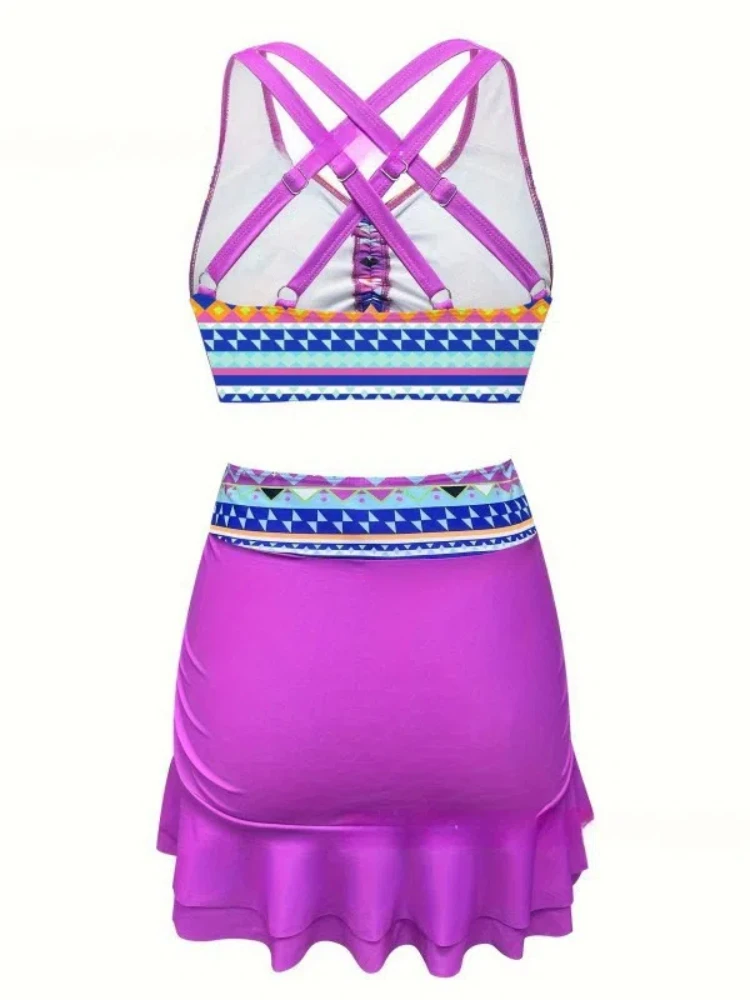 Summer Women Floral Printed 3-Piece Swimsuit Sexy Open Back Bandage Vest Bikini Swimwear Split Swimming Mini Skirt Holiday Beach