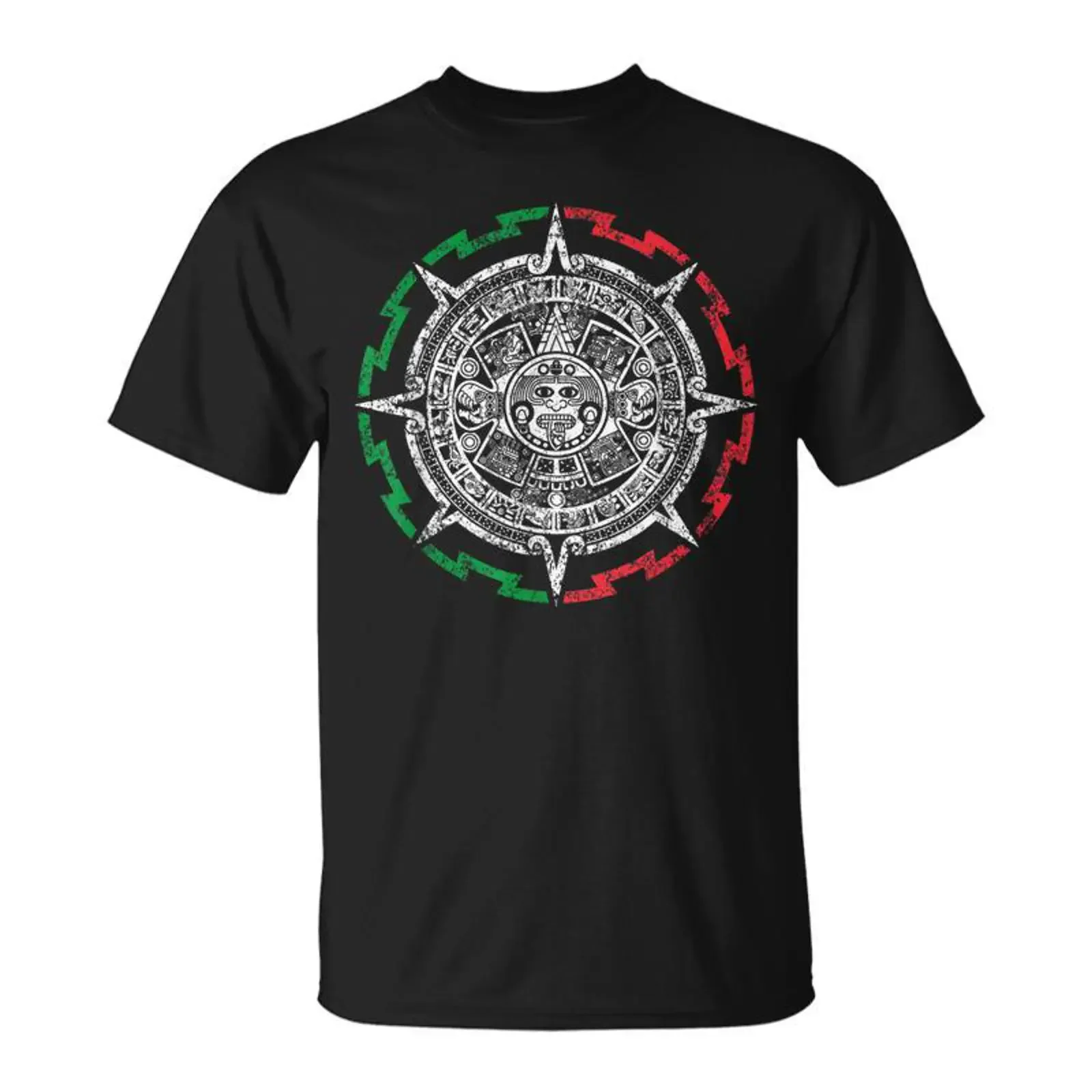 Aztec Mayan Calendar Sun Stone Distressed Mexico Flag T Shirt Mazezy vintage Washed Versatile Stretched Comfortable Breathable