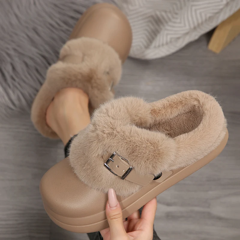 

Warm Plush Thick Sole Fluffy Slippers Women 2025 Winter Closed Toe Indoor Birken Slippers Woman Non Slip Platform Fur Shoes