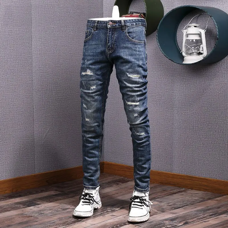 Fashion Streetwear Men Jeans Retro Blue Stretch Slim Fit Ripped Jeans Men Elastic Vintage Designer Denim Pencil Pants Hombre