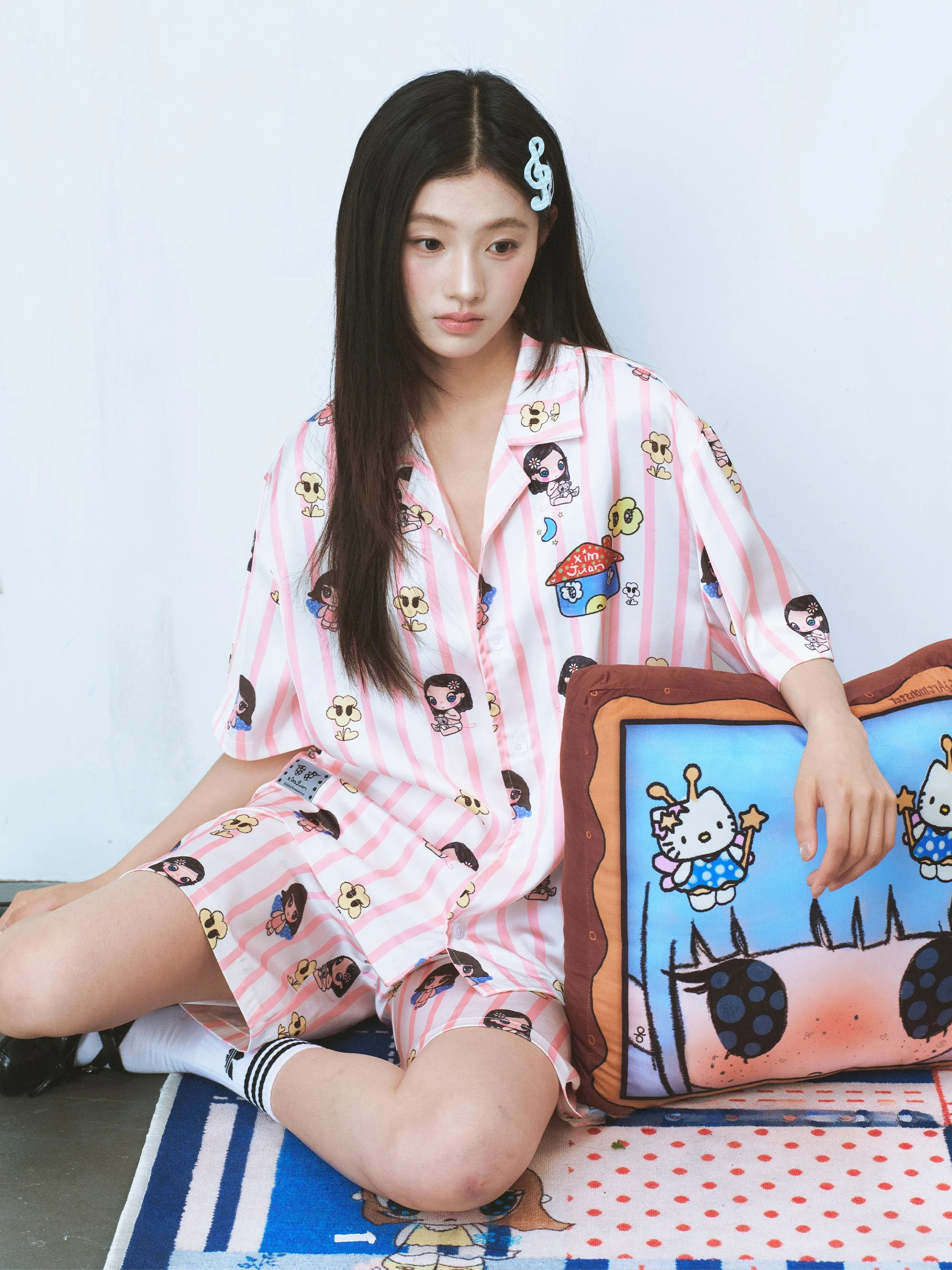 Hand-Painted Cartoon Character Short-Sleeve Pajamas Set Vertical Stripes Home Clothes Comfortable Lightweight Summer Sleepwear