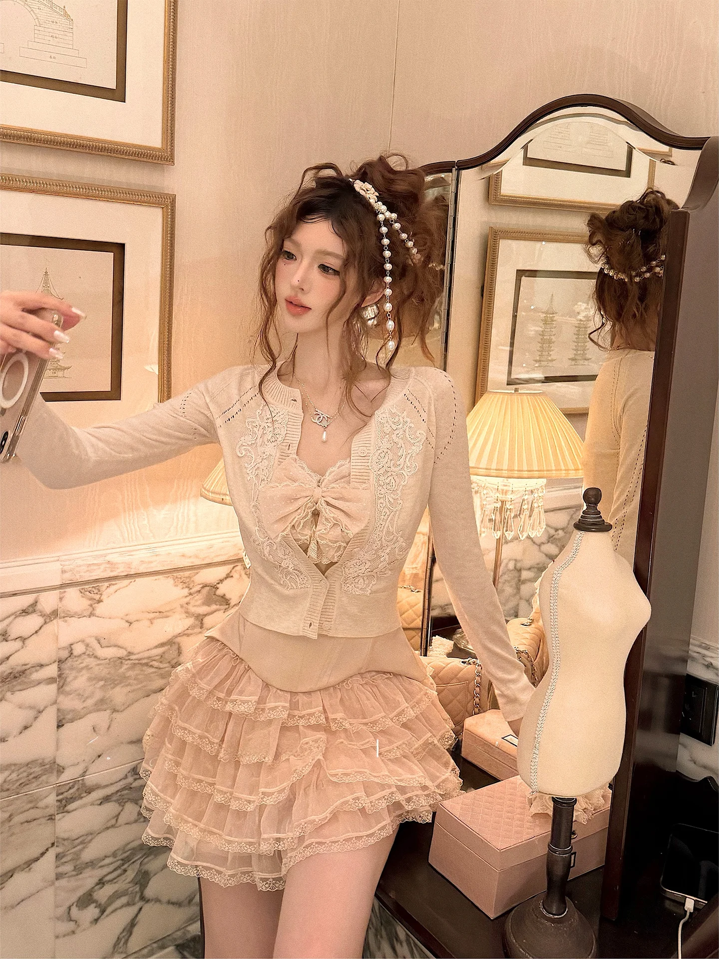 Romantic Lace Ballet Short Skirt Multi-layer Cake Style High Waist Slimming Polyester Fiber Elastic Elasticity for Young Ladies