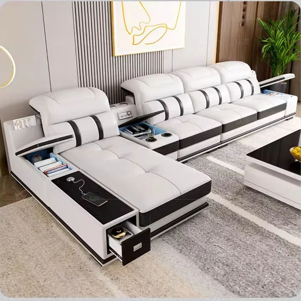 

Modern Genuine Leather Sofa Living Room - Stylish Italian Couch with Bluetooth Speaker, USB & Adjustable Headrests