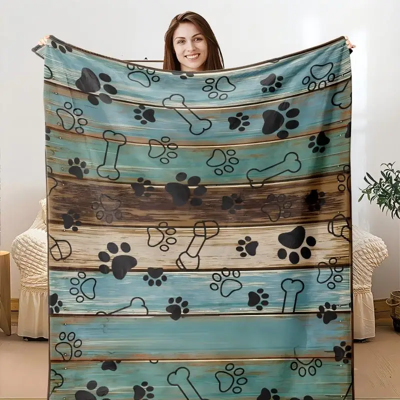 Wood Grain Paw Bone Pattern Print Throw Blanket,soft,couch,patio lounge,reading nook,ideal for laid-back afternoons, present