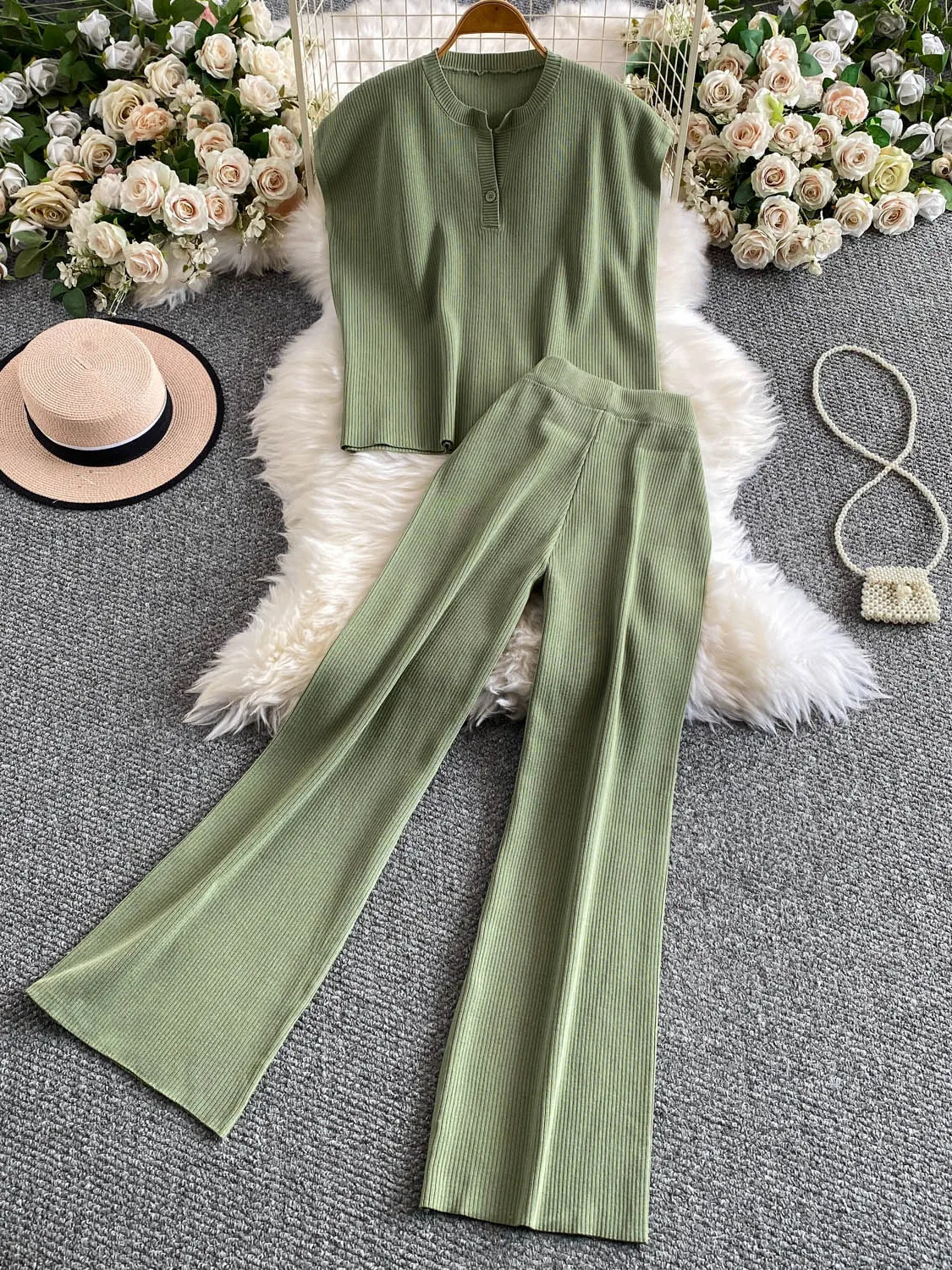

Casual Loose Sleeveless Knitted Top High Waist Wide Leg Pants Two Piece Set Comfortable Lazy Style Fashionable Summer Outfit