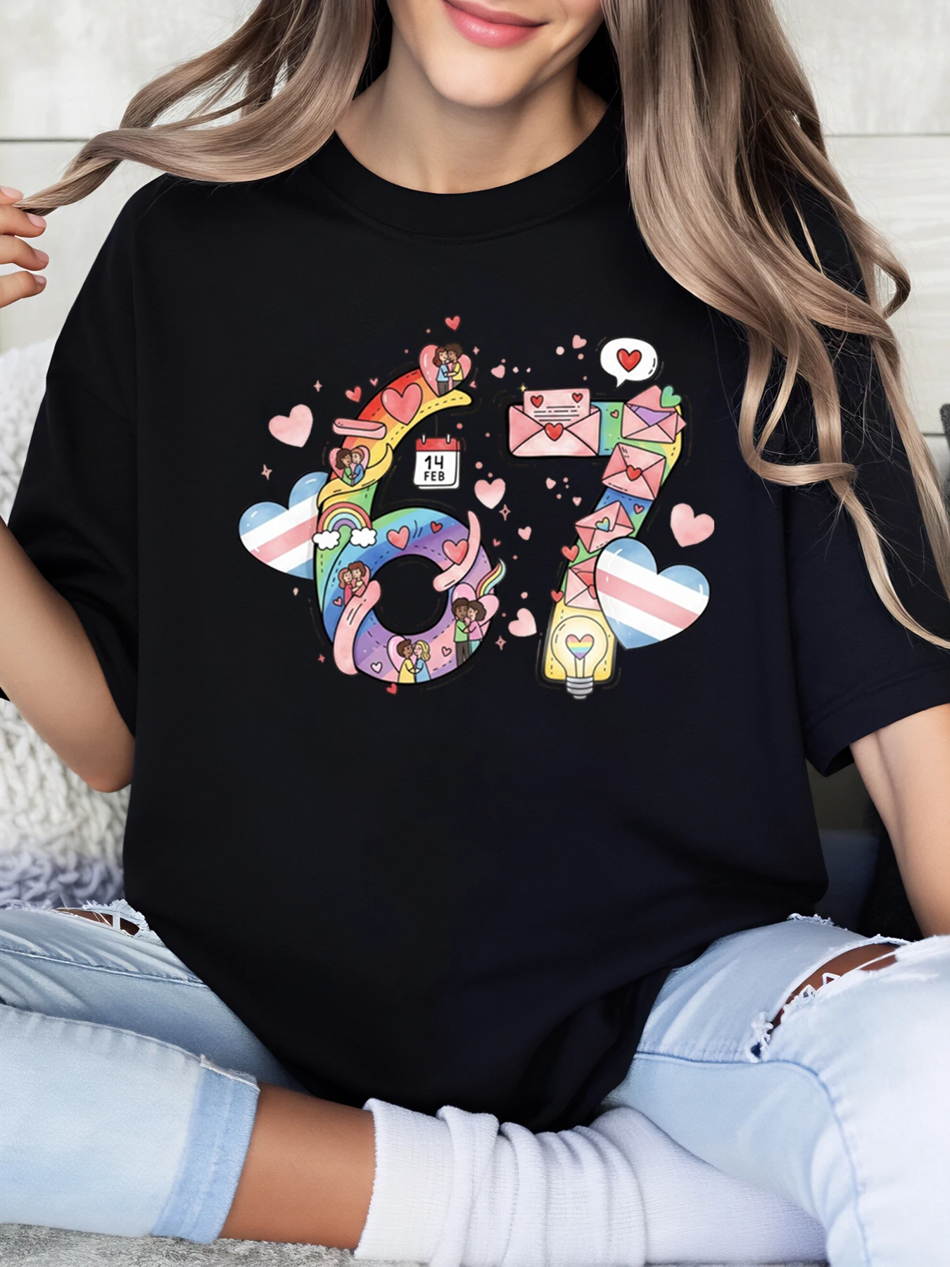 

Valentine Heart Rainbow Letters 14 Feb Design T-Shirt Women Casual Wear Valentine's Day Plus-Size