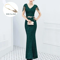 Luxury Sequined Women Evening Dress V Neck Short Sleeve Mermaid Party Gowns Metal Belt Design Sexy Robe Elegant Formal Dresses