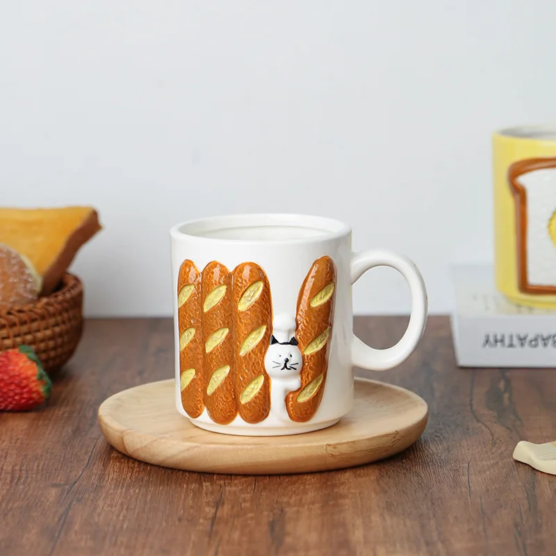 AhunderJiaz Cute Creative Ceramic Mugs Toast Cat Relief Milk Cup Kitchen Hermit Set Birthday Gift for Children  Drinkware Set